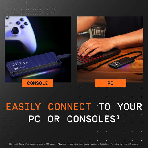Collage showcasing P40 Game Drive SSD 1TB Portable External Solid State Drive With Lit RGB Lighting connected to PC and console