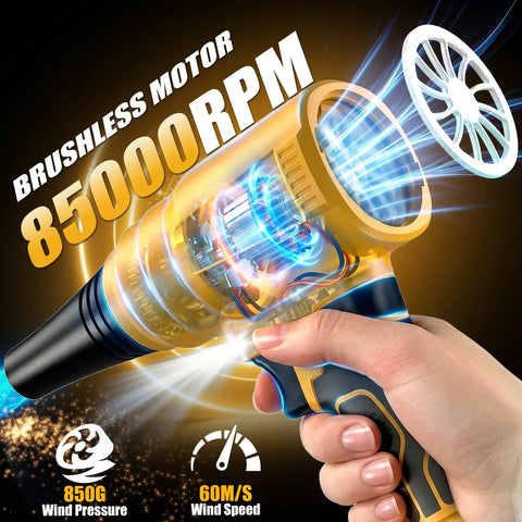 Hand holding a brushless motor blower displaying 85000 RPM, highlighting wind speed and pressure features.