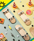 16 Piece Fingerboard Tool Kit With CNC Lathed Bearing Wheels Nut Drivers And Screwdrivers For Quick Tune Ups On The Fly 34 mm Skateboard Trucks Red Blue Wheels Sturdy Alloy Racks Black And White Finish showing fingerboard set with skateboards and tools on colorful background.