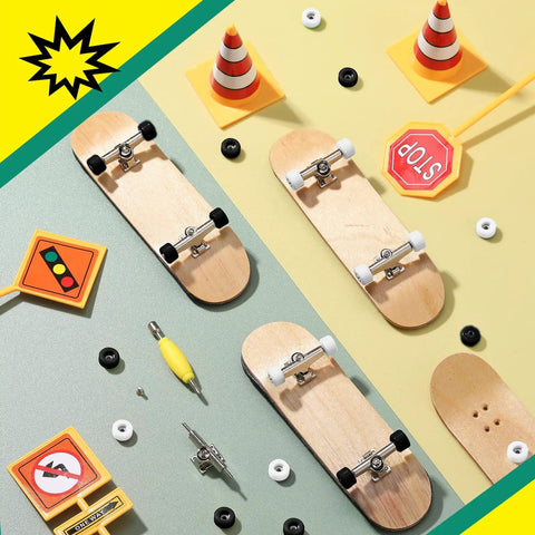 16 Piece Fingerboard Tool Kit With CNC Lathed Bearing Wheels Nut Drivers And Screwdrivers For Quick Tune Ups On The Fly 34 mm Skateboard Trucks Red Blue Wheels Sturdy Alloy Racks Black And White Finish showing fingerboard set with skateboards and tools on colorful background.