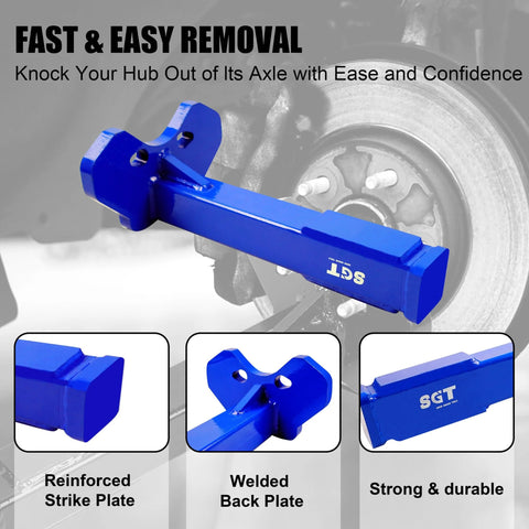 Universal Wheel Hub Removal Tool Kit for 5, 6 and 8 Lug Hubs with blue strike plate and back plate, shown near vehicle hub