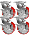 Heavy Duty Workbench Caster Set Of Four With Swivel Brackets And Wheel Brakes Supports One Thousand Pounds Each, 5-inch red wheels.