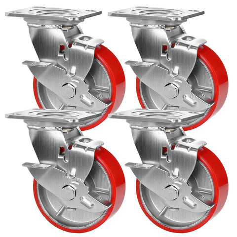 Heavy Duty Workbench Caster Set Of Four With Swivel Brackets And Wheel Brakes Supports One Thousand Pounds Each, 5-inch red wheels.