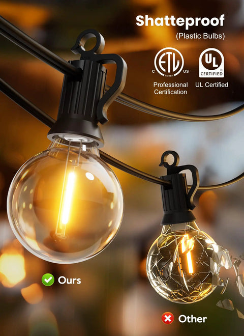 Close-up of Outdoor String Lights 50ft Connectable Patio Lighting With 52 G40 LED Bulbs Warm White 2200K on black wire, shatterproof design.