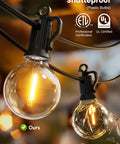 Close-up of shatterproof G40 bulbs from 100 Ft Outdoor String Lights With 100 Plus 2 G40 LED Bulbs Shatterproof IP65 Waterproof Dimmable