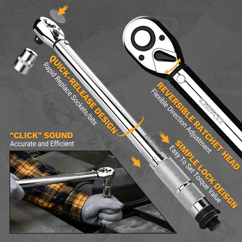 One-Half Inch Drive Torque Wrench Dual-Direction 72-Tooth With 10-170 Ft-Lb Range and 13.5-229 Nm features and close-up