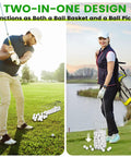 Golfer using 2-In-1 Golf Ball Picker And Basket, Heavy Duty 304 Stainless Steel Grabber on green, with balls stored in basket.