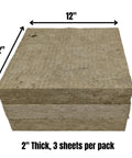 Heavy Duty Rigid Stone Wool Insulation Sheets 3 Pack 12x12x2 Inch panels stacked showing thick mineral wool for sound dampening.