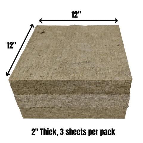 Heavy Duty Rigid Stone Wool Insulation Sheets 3 Pack 12x12x2 Inch panels stacked showing thick mineral wool for sound dampening.