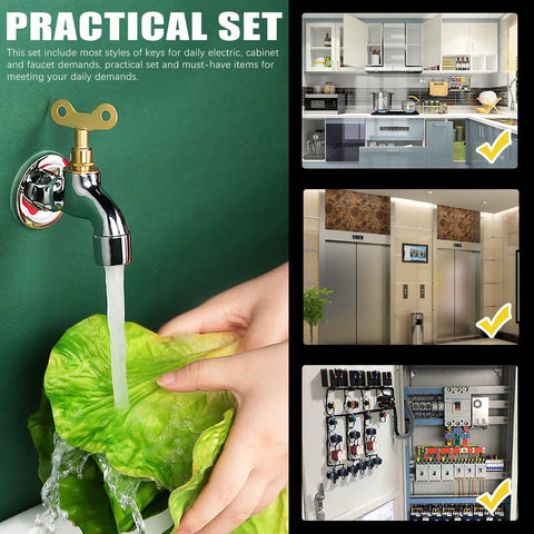 Thirteen Piece Utility Keys Kit for Plumbing and Home Use with water tap faucet operation and cabinet access illustration