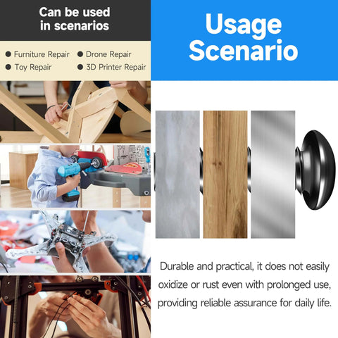 Usage scenarios for furniture, toy, drone, 3D printer repair with 244 Piece M5 Screw Kit With Button Head Socket Cap Bolts Nuts Washers And Hex Wrenches In Grade 10.9 Carbon Steel Black Oxide Great For DIY Projects And Quick Fixes, featuring various repair images.