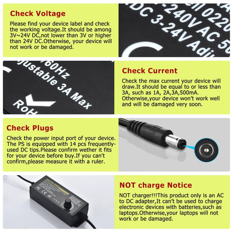 Image showing instructions for Adjustable DC Power Supply 3A 72W 3V To 24V Output Universal Switching Adapter with LED readout and rotary knob.