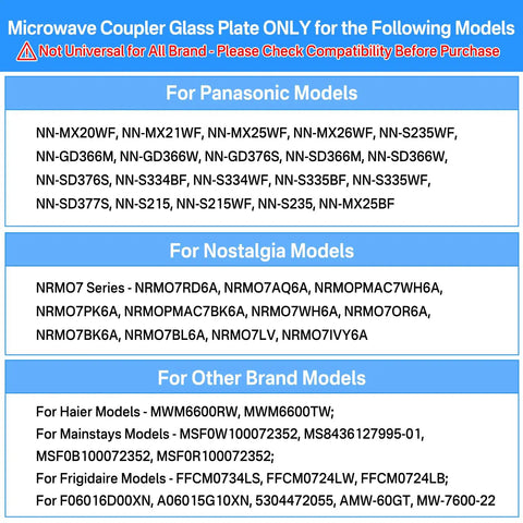 Model compatibility list for 9.6 Inch Microwave Glass Turntable Plate Replacement For Panasonic Models With Eleven Sixteen Inch Y Type Coupler