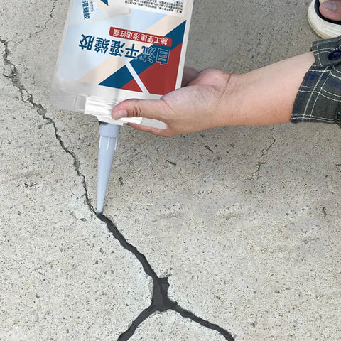 Pro Grade Rock Solid Concrete Crack Sealant Waterproof Masonry Repair Adhesive Outdoor Patio Restoration Glue applied to crack.
