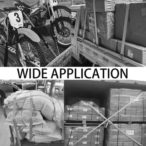 Heavy Duty Ratchet Straps 8000 Lbs Break Strength, 6600 Lbs Working Load Limit securing various cargos on trucks and trailers