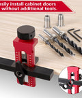 Adjustable Cabinet Door Installer Tool With Removable Base And Aluminum Alloy Construction, drill bits and hex keys, red