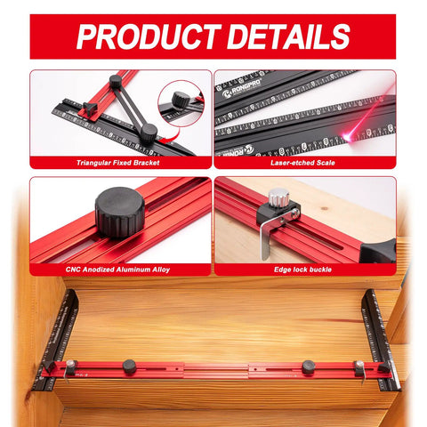 Pro Grade Built Tough Stair Tread Template Tool And Gauge Set For Stairs And Risers, Diy Drywall Cutting And Layout Scribe, CNC anodized aluminum, red.