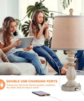 Farmhouse Style Table Lamps Set Of 2 With USB Charging Port in living room, white-washed rustic finish, two girls on sofa, USB charging device