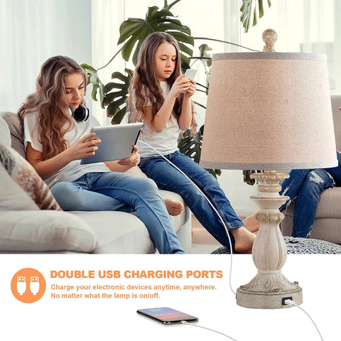 Farmhouse Style Table Lamps Set Of 2 With USB Charging Port in living room, white-washed rustic finish, two girls on sofa, USB charging device
