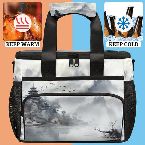 Insulated Picnic Backpack Lunch Bag For Women And Men Spacious 12x8.7x10 Inch Cooler Tote with scenic design, black straps