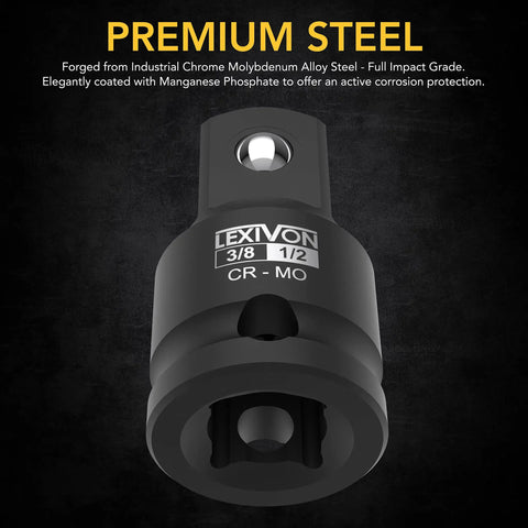 Impact Socket Adapter And Reducer Set For Quick Conversions From 1/4 To 3/8, 3/8 To 1/4, 3/8 To 1/2, And 1/2 To 3/8, Built From Chrome Molybdenum Alloy Steel, Heat Treated, 4 Piece Kit For Impact Drivers
