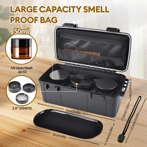 Odor Proof Stash Box With Grinder Tray, Waterproof Travel Storage Case for Men and Women, includes jars and grinder