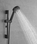 Shower Faucet System, 10-Inch Round Head, 5-Spray Handheld, Matte Black with water flowing from handheld shower head