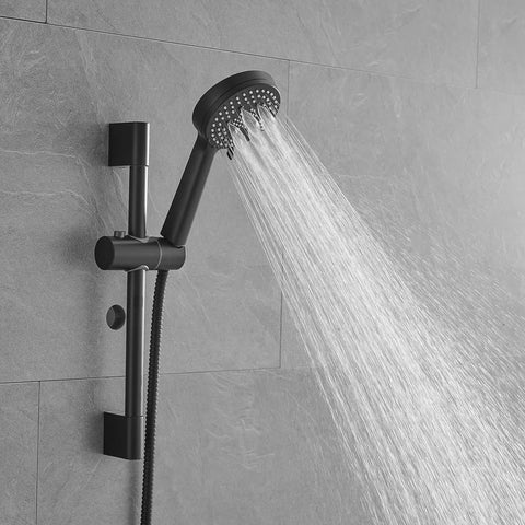 Shower Faucet System, 10-Inch Round Head, 5-Spray Handheld, Matte Black with water flowing from handheld shower head