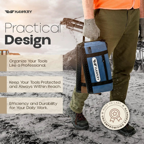 Worker holding a blue and black canvas tool pouch set 4 pack heavy duty tool organizer bags with zipper on a job site.