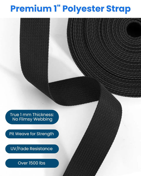 Beefed Up Heavy Duty 1 Inch Polyester Webbing Kit, showing black polyester strap roll with pit weave for strength.