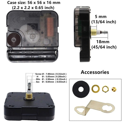 Long Shaft Quartz Wall Clock Movement With Metal Hook shown with 18mm shaft, mechanism parts, and accessories