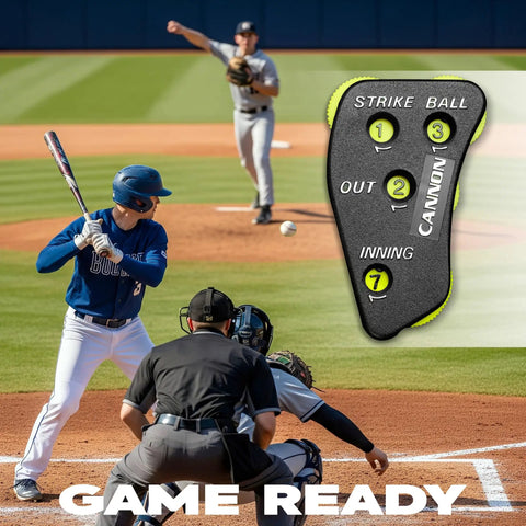 Umpire Indicator With Four Wheel Clicker And Optic Yellow Dials For Strikes Balls Outs And Innings Durable Baseball Softball Umpire Score Counter Black 2 Pack shown on a baseball field