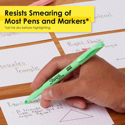 Hand using Pocket Highlighters In Soft Pastel Assorted Colors, 12 Count, Slim Chisel Tip For Highlighting on notebook paper.