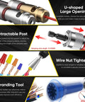 8 In 1 Wire Stripper And Wire Twister Kit showing U-shaped opening, retractable post, nut tightener, and stranding tool features