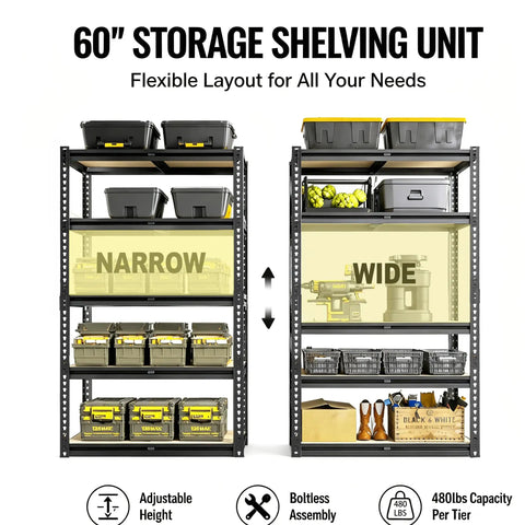 60 Inch High Heavy Duty Metal Garage Shelving Unit With 2400 Lbs Total Capacity, 480 Lbs Per Shelf, Adjustable Overlap Design For Home Garage Warehouse Shop Storage Black, wide and narrow setup
