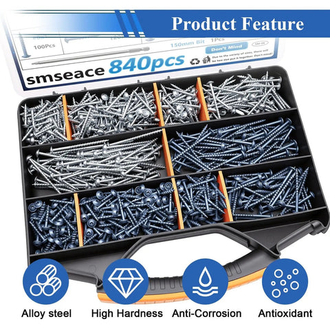 All In One Pocket Hole Screws Set For DIY Woodworking, 840Pcs, Blue And Zinc Coated, Square Drive With 150mm Bit in tray