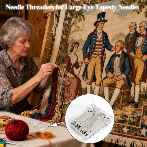 Woman sewing with 36 Pieces Stainless Steel Needle Threaders In Clear Box For No Fuss Hand Sewing And Embroidery Cross Stitch