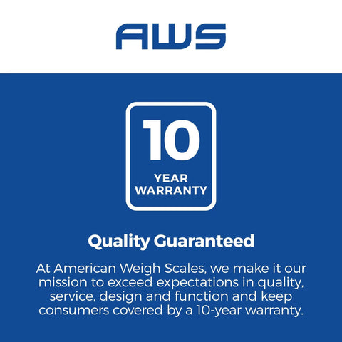 AWS 10 Year Warranty badge for Blade Series Pocket Gram Scale 1000g x 0.1g With Precision 0.1g Accuracy