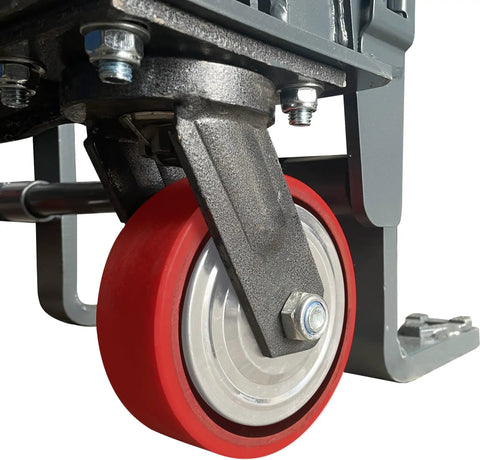 Close-up of red dual PU on steel swivel wheels of Beefed Up Heavy Duty 4,000 Lb Hydraulic Machinery Mover with Adjustable Forks