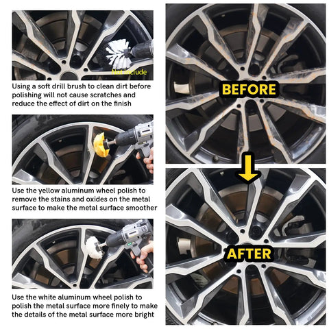 Aluminum Wheel Polishing Kit For Drill Buffing Wheel Set Smooths Car And Motorcycle Rims Stainless Steel Chrome Wood Plastic Ceramic Glass And More 6 Piece Polishing Kit used on car wheel before and after cleaning.