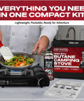 Portable Butane Camping Stove With Piezo Ignition And 7650 BTU Output, wind guard, compact carrying case, and cooking vegetables