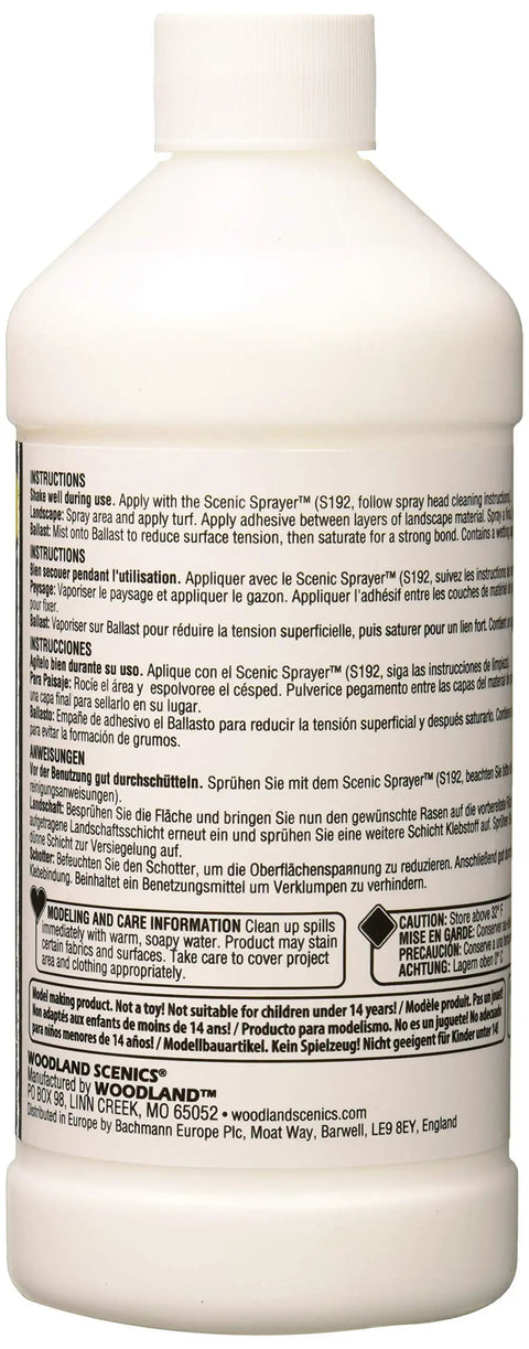 Scenic Cement 16 Oz Bottle For Dioramas And Model Railroad Scenery, Clear Quick Bond Adhesive, label with instructions view.