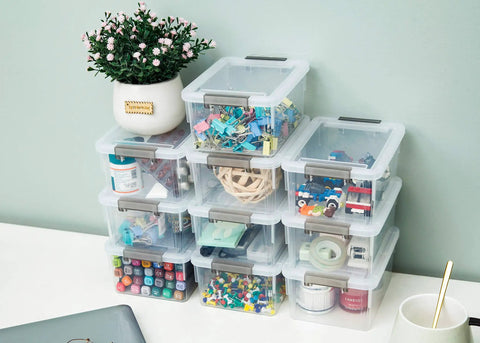 Stacked clear white 10 pack 1.3 Qt small storage bins with lids, visible organization of art supplies, tidy and space-saving design