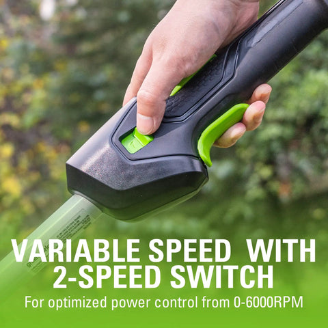 Heavy Duty 40 Volt Cordless String Trimmer Loaded With A Badass Brushless Motor And Four Point Zero Ah Battery For No Sweat Landscaping And Quick Trim Jobs. Variable speed control with a 2-speed switch in hand.
