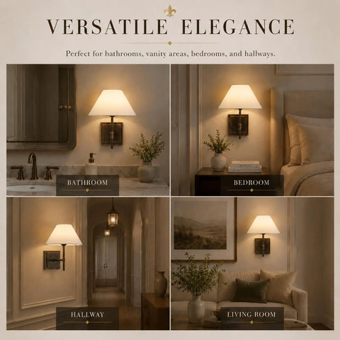 DANCYHOME Modern Farmhouse Weathered Bronze Cordless Wall Sconce displayed in bathroom, bedroom, hallway, and living room settings.