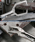 Self Adjusting Locking Pliers Set Knobs Free Squeeze And Go Grip Heavy Duty C Clamp Vise Tool in metal workshop holding a nut.