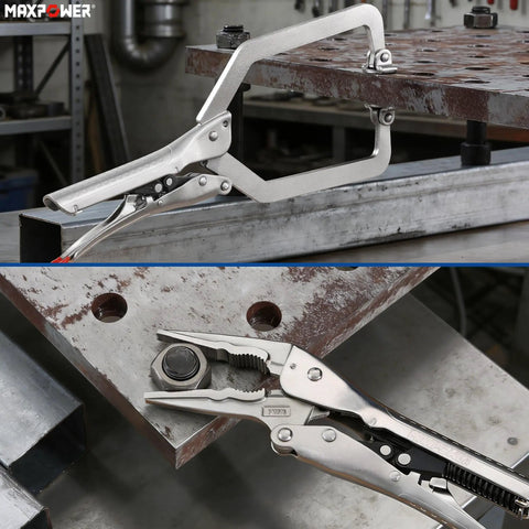 Self Adjusting Locking Pliers Set Knobs Free Squeeze And Go Grip Heavy Duty C Clamp Vise Tool in metal workshop holding a nut.