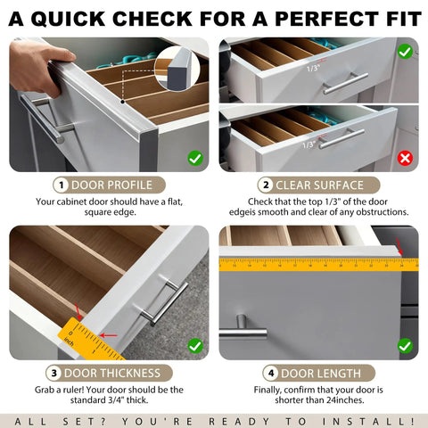 A Quick Check for a Perfect Fit showing cabinet door profile, surface clear check, door thickness, and length measurements.