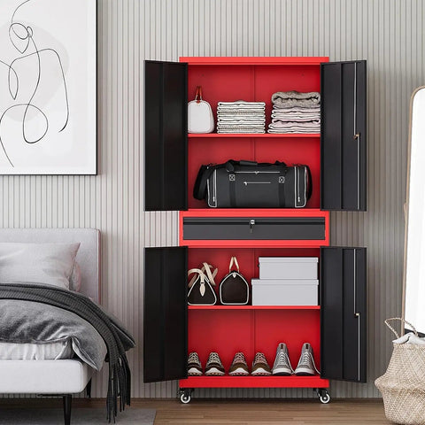 Beefy Metal Garage Storage Cabinet On Wheels With Rolling Tool Cabinet Adjustable Shelves And Drawer For Garage Home Office Or Utility Room Red Finish with doors open showing organized shelves and drawer.
