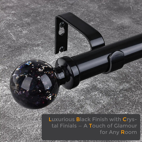 Heavy Duty Black Curtain Rod For Windows 48 To 84 Inches, 1 Inch Adjustable Drapery Rod With Crystal Ball Finials shown in close-up